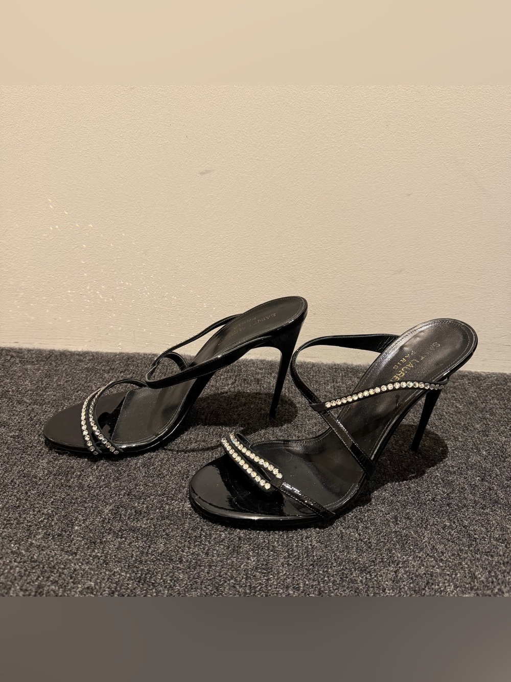 Saint Laurent Black Rhinestone Strappy High Heel Sandals